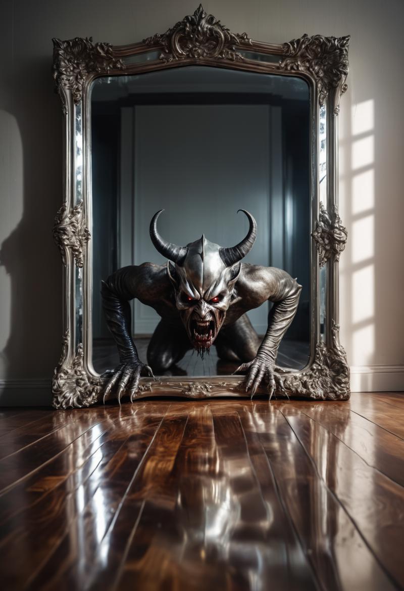 00071-An evil demon crawling out of a mirror with a horrifying reflection on a polished wood floor, mirror has a ((silver frame)), 8k.png